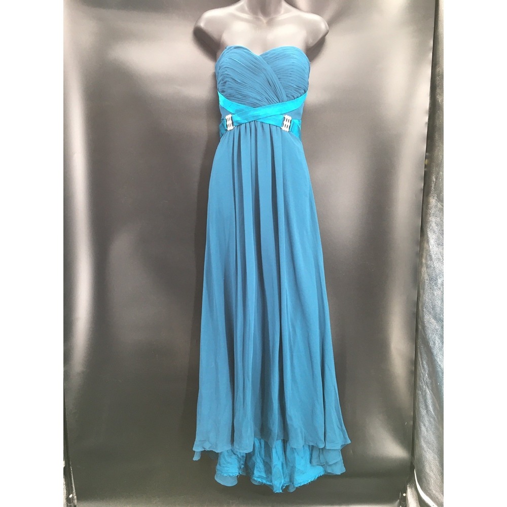 NB Bellissima Elegant Teal Evening Gown Prom Dress Cross Rhinestone Pattern Sz M - Picture 2 of 11